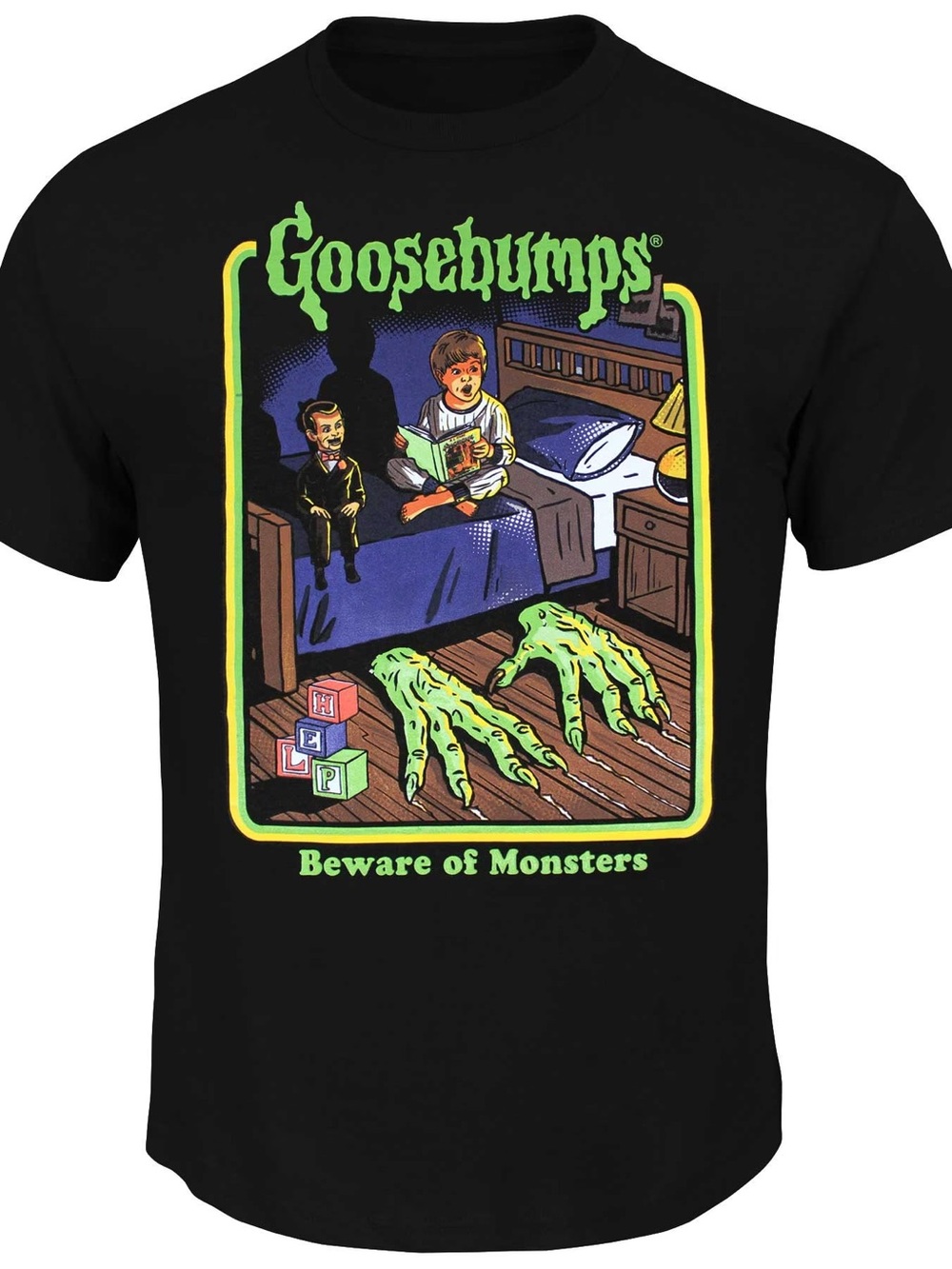 Goosebumps Beware of Monsters Short Sleeve Black Neon Green Graphic Tee Tshirt